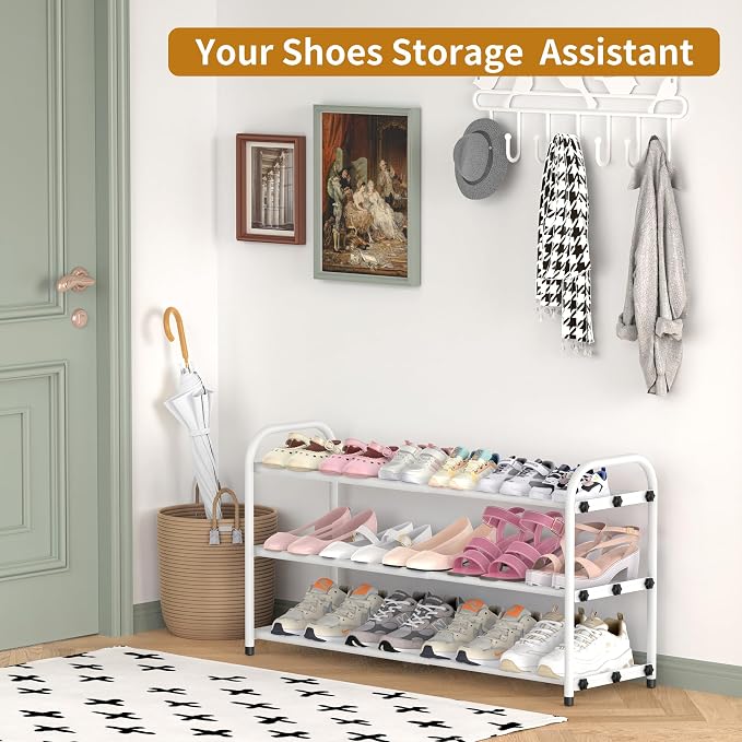 Hleelomi 3-Tier Expandable Shoe Rack for Entryway，Adjustable Metal Shoe Organizer for Closet,Living Room,Dorm, White