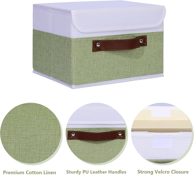 ANMINY Storage Boxes with Lids Washable Decorative Storage Bins Basket with PU Leather Handle Foldable Linen Fabric Storage Cubes Containers for Home Closet Organizer - Green White, Medium