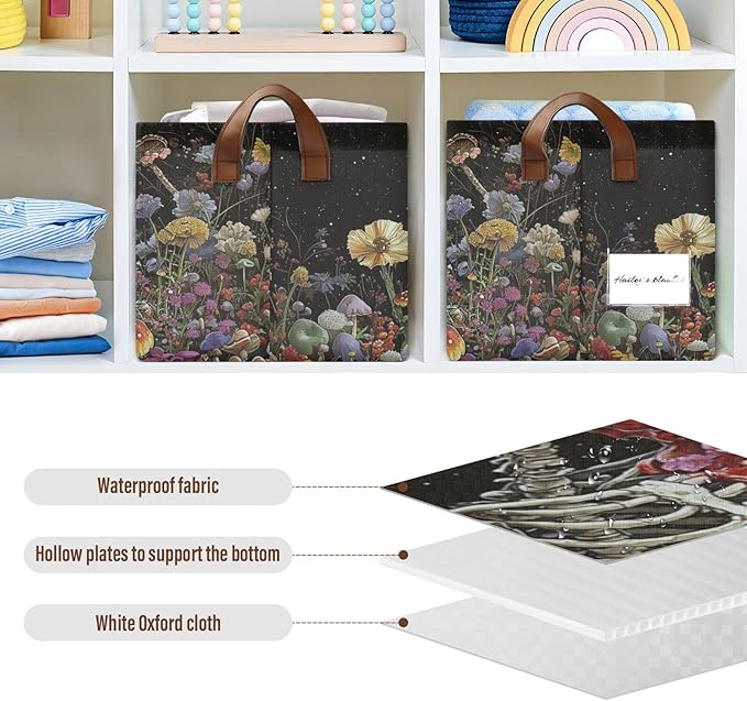 Black Skeleton Gothic Storage Bins for Shelves with Labels&Handles Halloween Organizer Bin Foldable Rectangle Storage Basket Black Goth Skull Boxes for Closet, Bathroom, Home, Room, Laundry, 2 PC