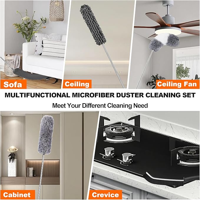 Professional Microfibre Dusters for Cleaning | Duster with Extension 100" | Cobweb Remover Duster Kit with 4 Washable Heads | Bendable Feather Duster for High Ceilings,Fans & Hard-to-Reach Areas,7PCS