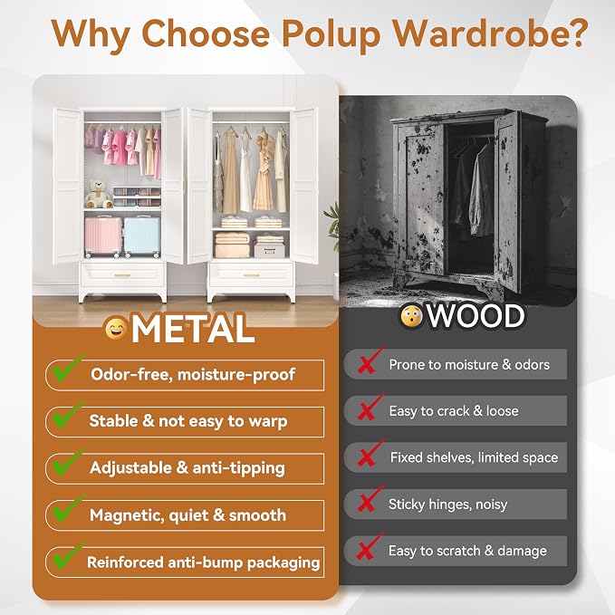 Polup Metal Wardrobe Closet with Doors and Shelves, 71" Tall Steel Armoire with Hanging Rod & Storage Drawer, Sturdy Freestanding Clothes Organizer for Bedroom, Office, Laundry Room, White