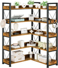 DUMOS 65 inch L Shaped Bookshelf, 5 Tier Corner Bookcase with Hooks and Edge, Industrial Pantry Shelves with Metal Frame, Wooden Open Storage for Living Room, Home Office, Bedroom, Rustic Brown | Industrial Pantry Shelves with Metal Frame, Wooden Open ...
