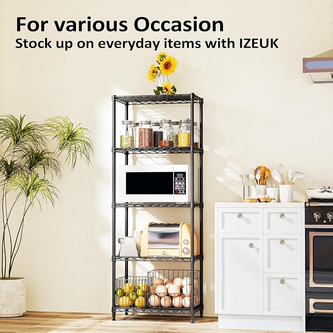Wire Shelving Unit, 24” Metal Pantry Shelf, Adjustable Black Storage Rack | 23.6"W x 13.7"D x 53.4"H, 1000 lbs Capacity, 5-Tier Wire Storage Shelf Rack for Kitchen, Garage & Laundry Storage