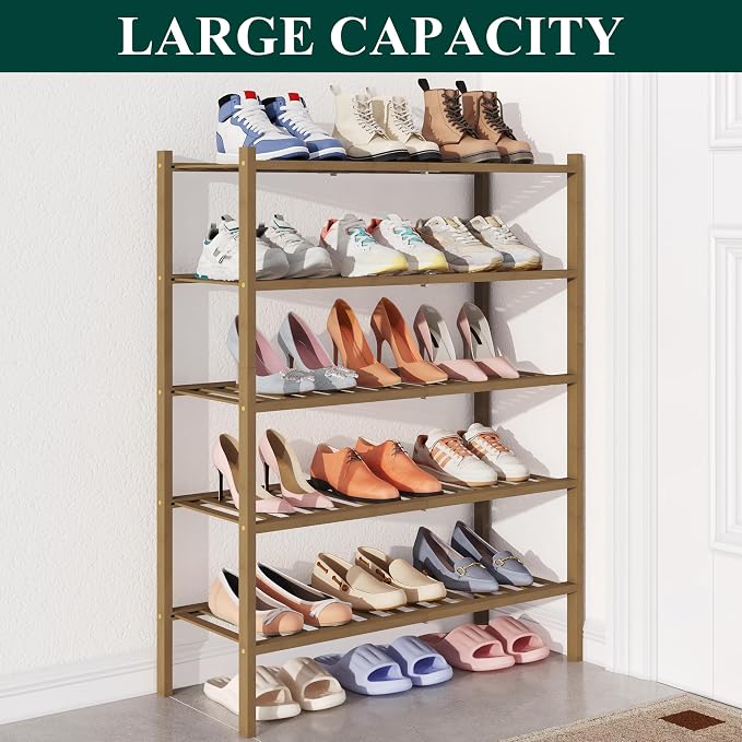 Smiry Bamboo Shoe Rack for Closet, 5 Tier Wooden Shoe Organizer, Stackable Wood Shoe Storage Shelf for Entryway, 14 Vertical Slats, 2+3 Stack Heavy-Duty Legs, 26.77"x11.02"x31.3", Walnut