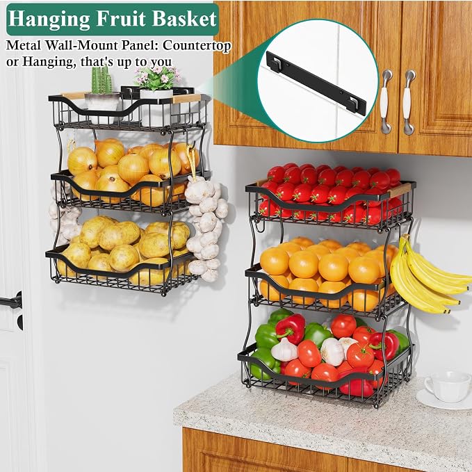 OKZEST 3-Tier Fruit Basket Fits Under Standard Upper Cabinet, 17.2" Tall | 2-In-1 Wall Mount & Countertop. Stackable Kitchen Organizer with Banana Hanger, Hold Potato, Onion, Bread, Snack, Can, Veggie