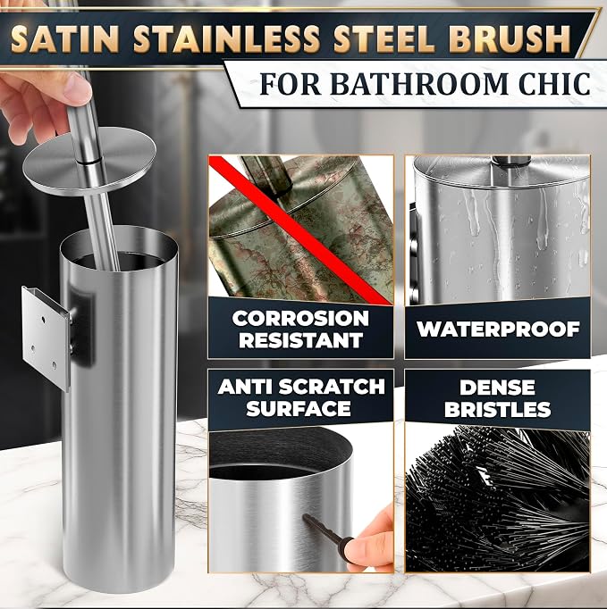 Wall Mounted Toilet Brush and Holder Set, Stainless Steel (Silver) | Stainless Steel Toilet Brush and Holder Set, Removable Inner Bowl, Dense Bristles, Rustproof, for Modern Bathroom Walls