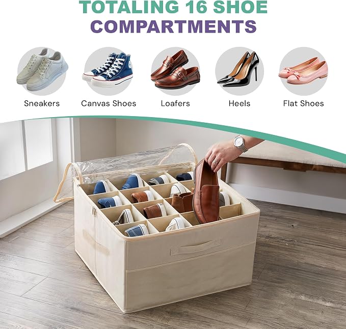Shoe Organizer for Closet, 16 Compartment Foldable Storage Box with Lids | Milentii 2-Pack Foldable Shoe Organizer with Box Bin, Adjustable Dividers & Clear Cover Closet Storage Fit 16-32 Pairs, White