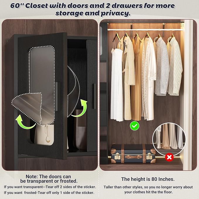 5FT Closet System with Doors and Wooden Drawers, 60'' Reversible Closet Organizer System with Big Wing Shelf and Hanging Rod, 80'' Tall Walk in Wardrobe Closet System with Shelves & Hooks, Black