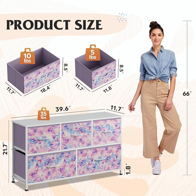 WLIVE Dresser for Bedroom with 5 Drawers, Wide Chest of Drawers, Fabric Dresser, Storage Organizer Unit with Fabric Bins for Closet, Living Room, Hallway, Tie-dye Print (Pink, Purple, Blue)