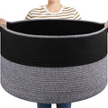 OIASKET Large Blanket Basket with Handles, 22.8" x 22.8" x 13" Woven Storage Basket for Living Room, Cotton Rope Baby Toy Storage for Clothes, Pillows, Towels-Black and Grey