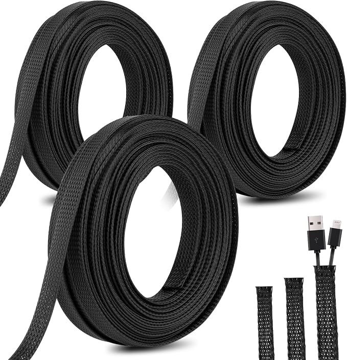 150 Feet 1/4, 1/2, 3/8 Inches Braided Wire Loom Automotive PET Cable Loom | Expandable Braided Sleeving Mesh Wire Loom for TV, Computer, Home Theater, Black