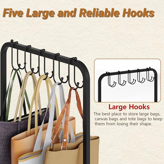 Floor-Standing Purse Organizer for Closet with 5 Hangers & 6 Side Hooks, Tall Purse Rack Stand for Purse Storage, High-Capacity Handbag Organizer, Multi-Purpose Purse Storage Organizer for Small Place