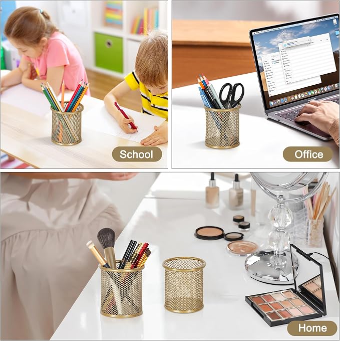 EasyPAG Pencil Holder for Desk, 2 Pack Metal Pen Organizer, Mesh Pencil Cup Organizer for Home, Office, Classroom, School,Gold