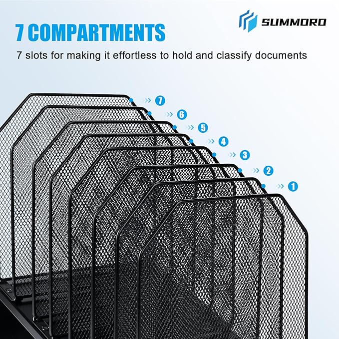 SUMMORO Inclined File Organizer for Desk, 7-Section Vertical File Folder Holder Office Desk Organizer Metal Rack File Wire Mesh Desktop Document Sorter for Office School Classroom Home (Black)