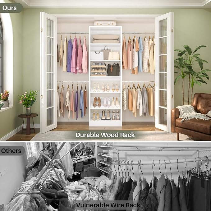 Unikito Closet System, 4-8Ft Wood Closet Organizer Starter Kit with Tower and 4 Extendable Hanging Rods, Walk-in Closet Organizer Wardrobe Clothes Rack with Adjustable Shelves, Garment Rack, White