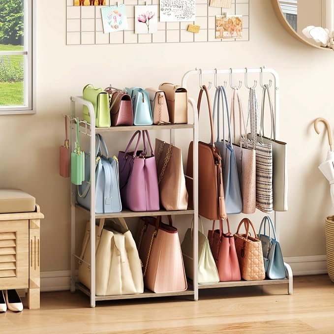 Purse Organizer for Closet, Large Capacity Purse Rack with 2 Purse Hangers and 5 Purse Hooks for Bag Organizer, Freestanding 3-Tier Handbag Organizer for Purse Storage, Ironwood Purse Holder, White