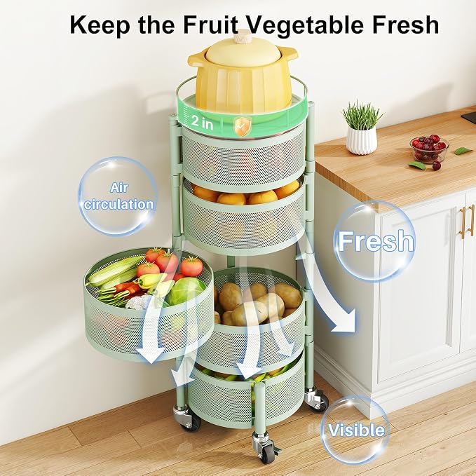 SAYZH Fruit Vegetable Basket for Kitchen, Rotating Storage Rack, 5 Tier Rolling Cart with top lid, Large Metal Wire Basket for for Potato Onion Snack, Green