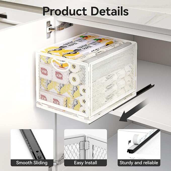 Pull Out Cabinet Organizer, No Drill Adhesive Sliding Drawers for Kitchen, Metal Mesh Wire Storage Shelf for Pantry & Under Sink, White (9.6" W x 11.8" D x 8.4" H)