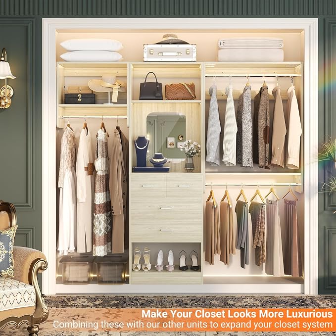 Unikito 36” - 60” Closet System, 5FT Walk in Closet Organizer Starter Kits with 3 Hanging Rod and 3 Shelves, Heavy Duty Reversible Wood Clothing Rack, Cut Be Cut to Fit, Max Load 800 LBS, White Oak
