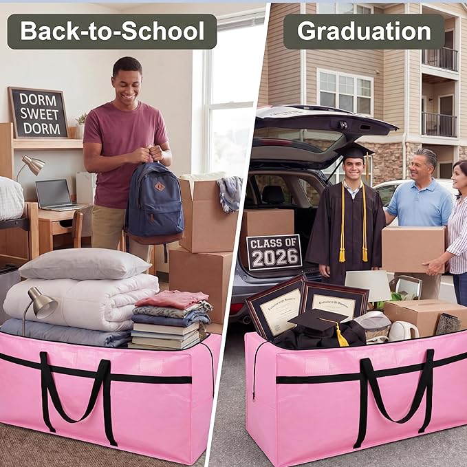 Windyun 4 Pack 69 Gallon Extra Large Moving Bags XXL Heavy Duty Storage Bag with Strong Zipper Handle Jumbo Big Tote Box Foldable for College Dorm Travel Clothes Duffle Blanket Pillow(Pink)