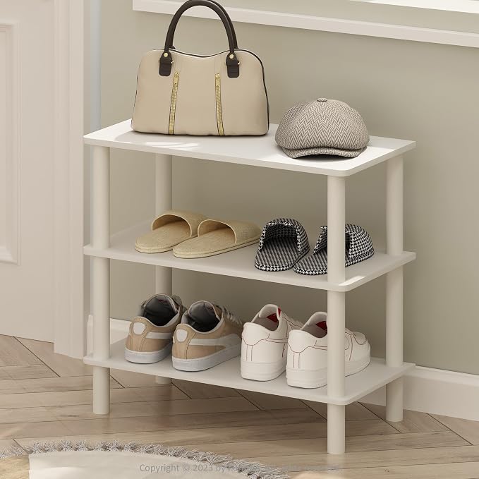 Furinno TURN-N-TUBE 3-Tier Toolless Narrow Shoe Rack, White | 11.7 x 23.6 x 21.9, Small Shoes Organizer, Shoe Rack Storage with Freestanding Organizer, for Closet Entryway, Office, Garage
