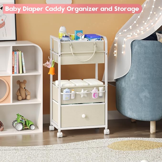 Cidaziya 2In1 Baby Diaper Caddy Organizer and Storage, 3 Tier Rolling Cart with Drawer, Detachable Dividers, Mobile Utility Cart Baby Dresser Clothes Organizer for Baby Essentials, Bedroom, Nursery