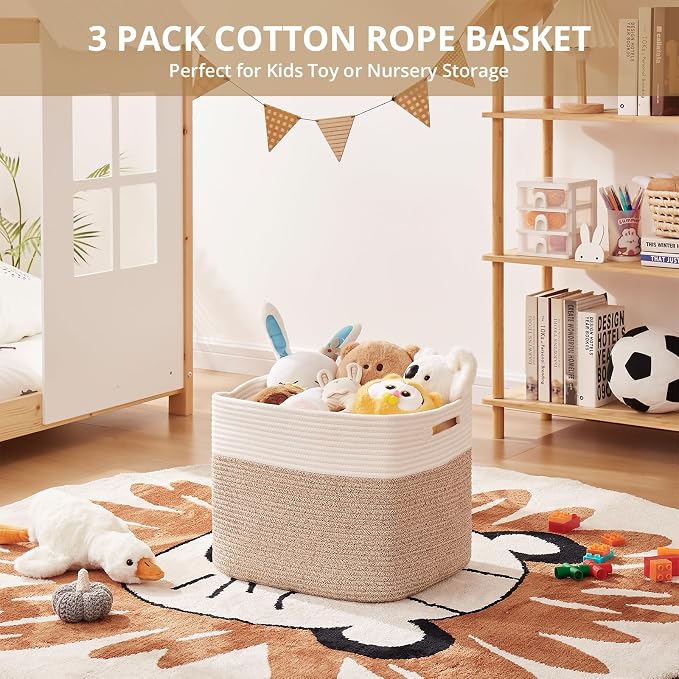 OIAHOMY 13 Inch Cube Storage Bins, 3-Pack Cotton Rope Woven Baskets for Organizing, Insert Storage Baskets for Shelves, Baby Nursery, Closet Organizer, 15 * 13 * 12.6IN, Brown & White