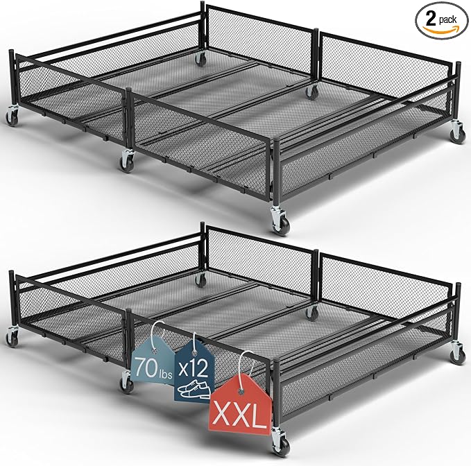 Under Bed Storage with Wheels – Heavy Duty Large Metal Storage Container (70lb load), Low Profile Rolling Organizer with Removable Rubber Wheels, Easy Access for Clothes, Shoes & Blankets