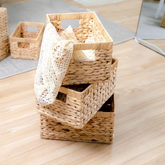 M4DECOR Set of 3 Water Hyacinth Storage Baskets – Wicker Storage Baskets for Shelves, Pantry Baskets for Organizing, Handwoven Wicker Baskets for Storage (3 Packs)
