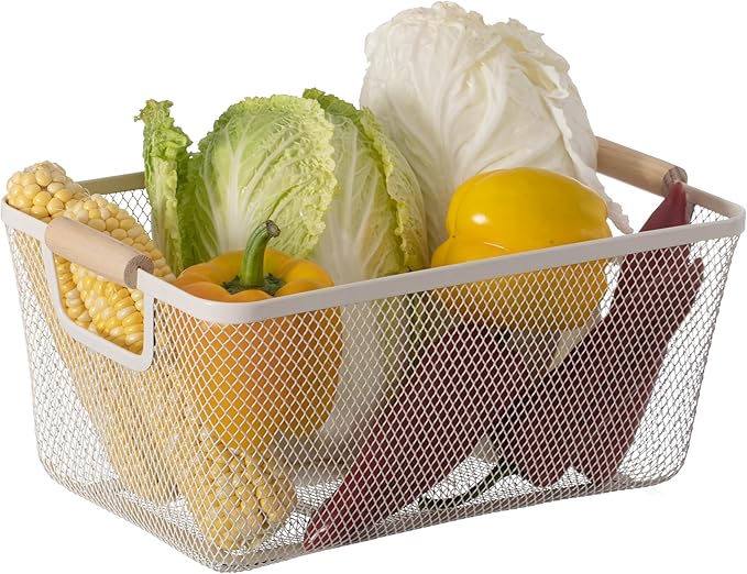 Basicwise Multipurpose Metal Mesh Basket w/Wooden Handle Storage Organizer for Kitchen Pantry Bathroom Cabinet Closet Countertop Fruit Holder Picnic Food and Beverages Carrier and Home Decor, Medium