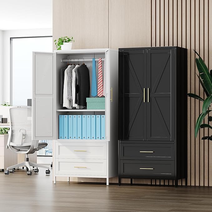 METAN Metal Wardrobe Closet with Doors,Armoire Wardrobe Closet with 2 Drawers for Bedroom,Assembly Required,Black