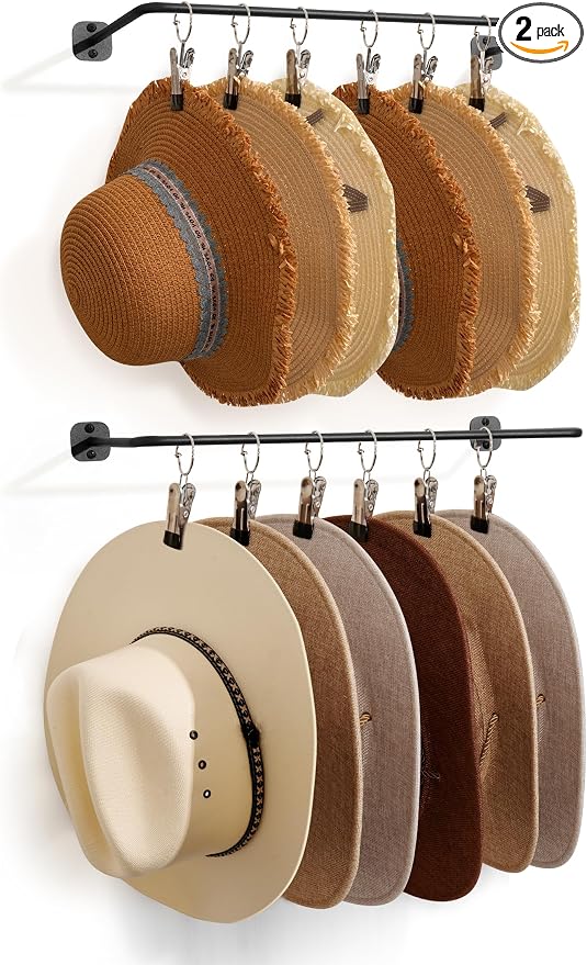 Cowboy Hat Rack for Wall Cowboy Hats Hook 12 Clips Metal Cowboy Hat Hanger | Hat Organizer for Bucket Baseball Caps Sunhat Winter Beanies Fedora Hat Holder on Wall Women Men Closet Black 2 Pcs
