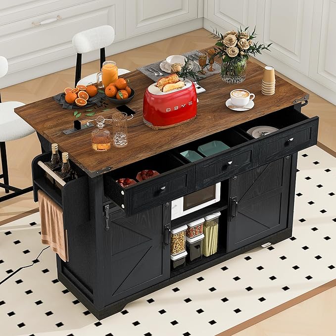 Amposei Farmhouse Kitchen Island on Wheels with Drop Leaf & Power Outlet, 53.7-Inch Rolling Storage Island Cart Breakfast Bar with Drawers, Sliding Barn Door Cabinets, Spice Rack (Black)