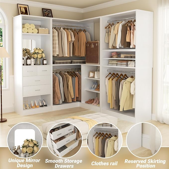 Unikito 97" Modular Closet Organizer System, Wood Wardrobe with 4 Hanging Rods, Corner Closet Unit with Mirror and Drawers, Customizable Walk-In Closet Organizer, White