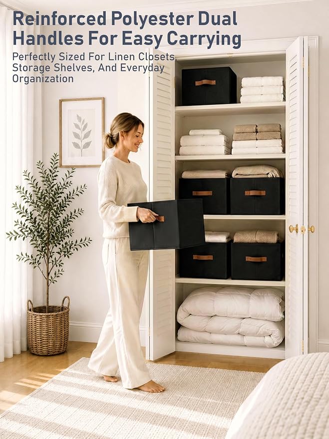 6 Pack Large Closet Storage Baskets Bins for Shelves, Collapsible Fabric Closet Organizers and Storage with Polyester Handles, Decorative Baskets for Organizing Clothes, Towels, Linen Closet 16x12x10"