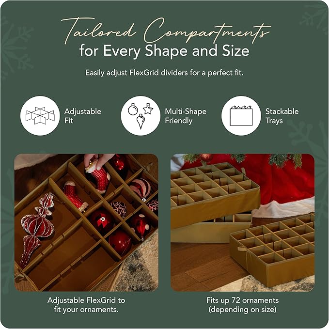 Covermates Keepsakes Adjustable Ornament Storage Box – Heavy-Duty Polyester, Padded Dividers & FlexGrid Trays – Protective Holiday Organizer with Stackable Walls & Label Window, Green Snowflake