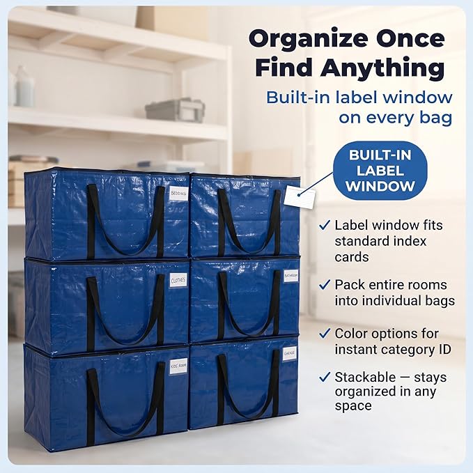 ClearSpace Heavy Duty Moving Bags or Storage Bag – Large Moving Boxes with Backpack Straps, Zippers & Handles – Perfect for Moving, College Dorm, Traveling, Camping, Christmas Decorations, 6 Pack
