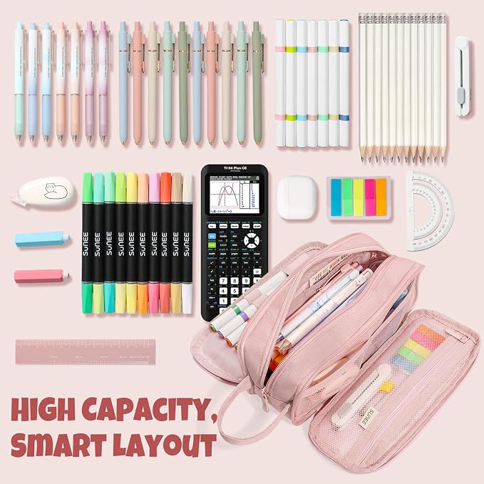 SUNEE Large Capacity Pencil Case with 3 Compartment, Extra Big Pencil Pouch, Pencil Bag with Zipper, Cute High Stationery Organizer, Oxford Pen Box School Supplies for Student Teen Girls Boys, Pink