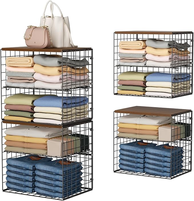 Huxitocan 4-Tier Stackable Closet Organizers and Storage Shelves, Closet Storage Basket with Wood Tops, Adjustable Height Dividers Closet Storage Bins for Home Closet Organizer System, Black