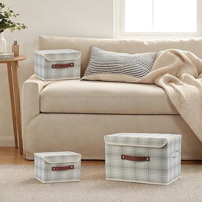 2PCS Storage Boxes with Lid 3D Textured Fabric Storage Bins Closet Organizer Containers Decorative Collapsible Washable Shelf Baskets with Faux Leather Handles (Silver Gray, Small Size)