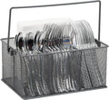 Mind Reader Multi-purpose Storage Caddy with Handle, Desktop Organizer, Cutlery Holder, 4 Compartments, Metal Mesh, Gray
