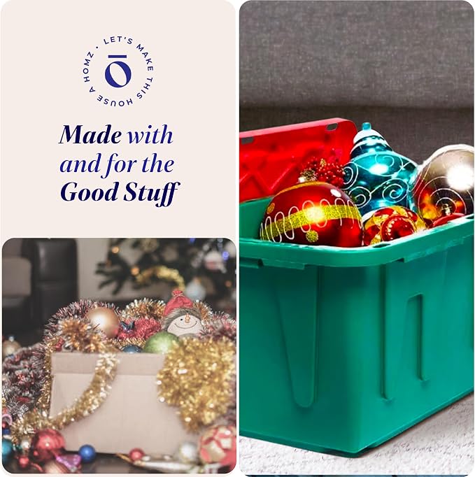 HOMZ Holiday Plastic Storage Container, 27 Gallon - Set of 2, Green and Red, 2 Sets | Heavy-Duty Large Stackable Container Seasonal Boxes for Home, Attic, and Garage Organization