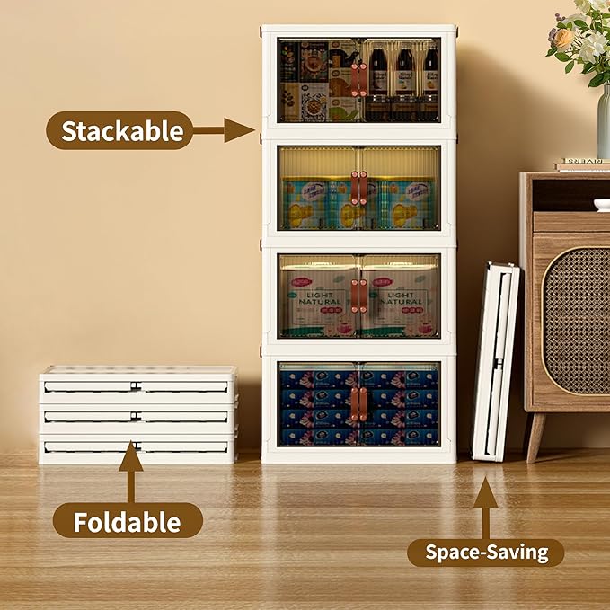Collapsible Stackable Storage Bins with Lids, 81QT/20Gal Large Foldable Storage Plastic Cabinet with wheels, 2/3/4/5-Pack Space Saving Bins for Home Garage Pantry Organization M White 2T