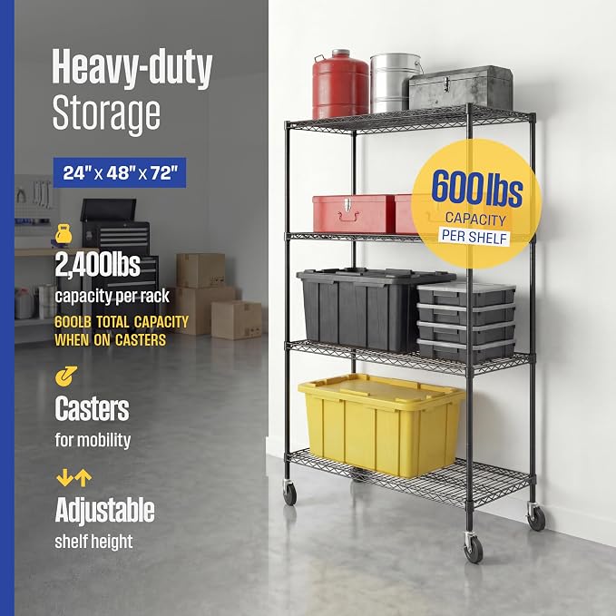 SafeRacks NSF 4-Tier Heavy Duty Steel Wire Rack w/Wheels (24"x48"x72")