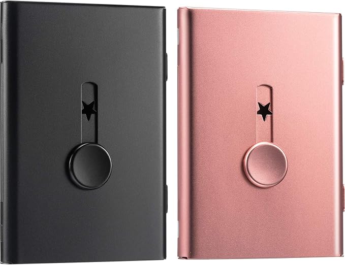 Tatuo 2 Pcs Black/rose Gold 2 Pack Thumb Drive Business Card Holder Stainless Steel Business name Card Case Portable Slide Out name holder Wallet Nice Design pocket for Men and Women
