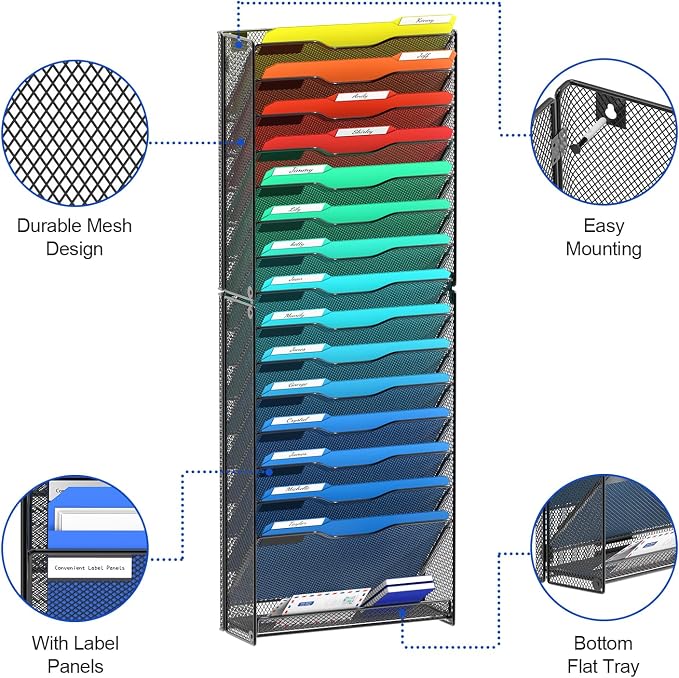 samstar 16 Tier Wall File Organizer Hanging Wall File Holder Wall Mount Paper Folder Organizer, Magazine Rack, Mesh Made,Black