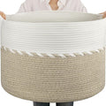 OIAHOMY 105L Extra Large Blanket Basket - Decorative Cotton Rope Storage Basket for Bedroom, Living Room & Nursery - Woven Laundry Hamper for Organizing Blankets, Clothes & Toys - Light Brown & White