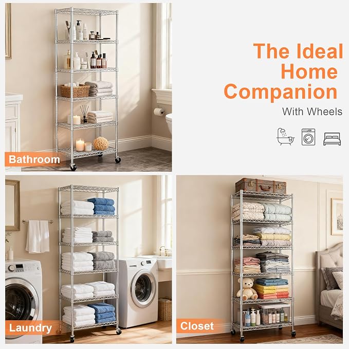 6-Tier Wire Shelving Unit,21.3" Wx11.4 Dx73 H,Metal Shelf Racks with Lockable Wheels, Height Adjustable Storage Shelves for Narrow Space/Laundry/Bathroom/Kitchen/Pantry/Closet/Chrome