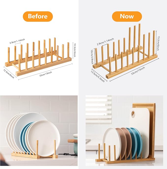 HBlife 2pcs Heighten Bamboo Wooden Dish Drying Rack Plate Pot Lid Organizer | Plate Bowl Cup Book Pot Lid Cutting Board Stand, Drainer Storage Holder Organizer, For Kitchen Cabinet, 8 Slots