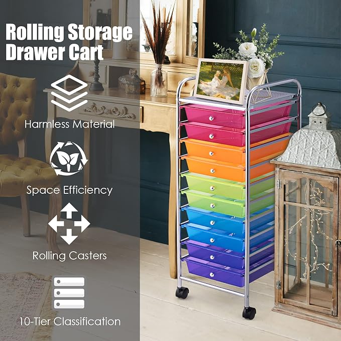 GOFLAME 10-Drawer Rolling Storage Drawer Cart, Utility Cart with Removable Drawers & Metal Frame, Mobile Art Craft Drawer Cart with Lockable Wheels for Home, Office, Studio, School, Rainbow